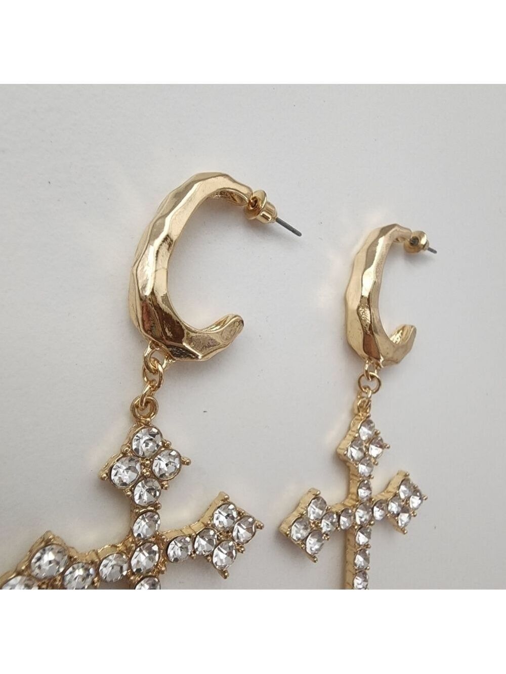 NEW Golden Embellished Statement Cross Hoop Earrings - Picture 4 of 8
